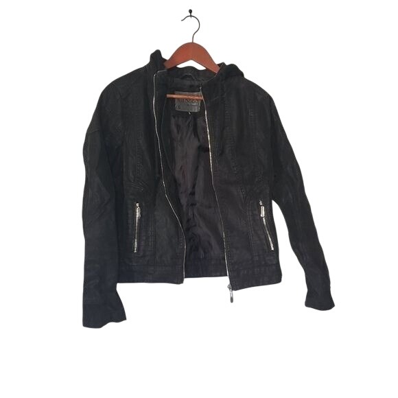 Black Hooded Moto Jacket Womens Full Zip Casual - Size Small